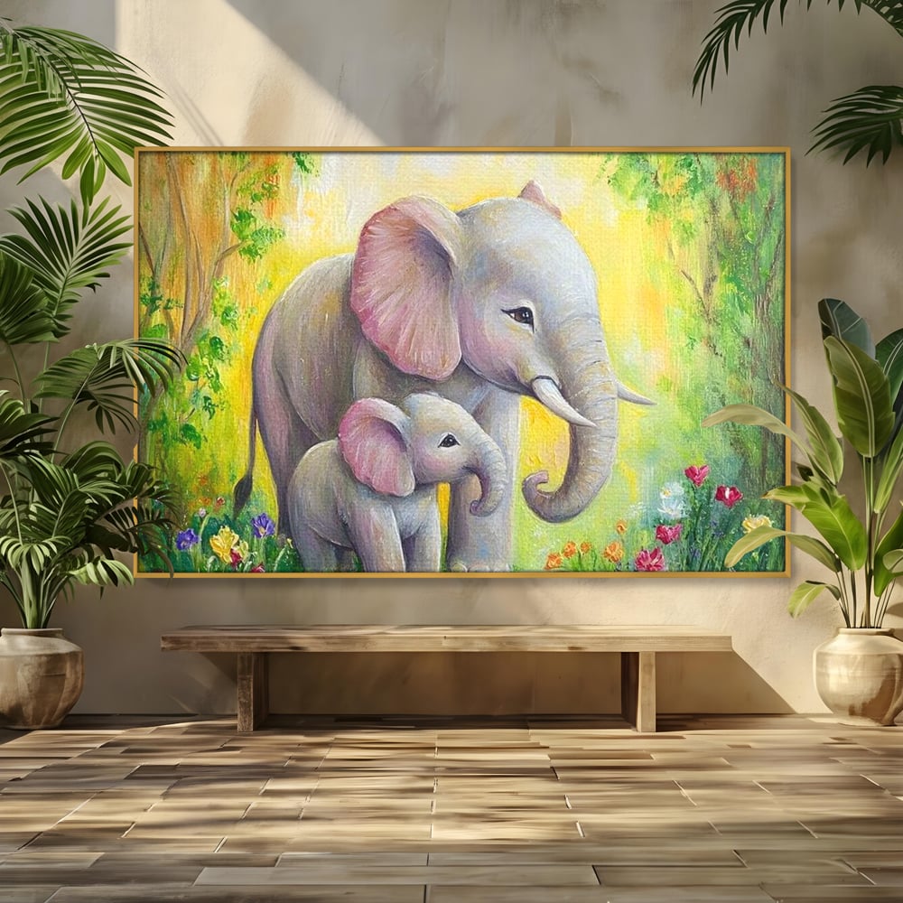 Tablou canvas cu pictura cu doi elefanti intr-o gradina, in rama de aluminiu auriu